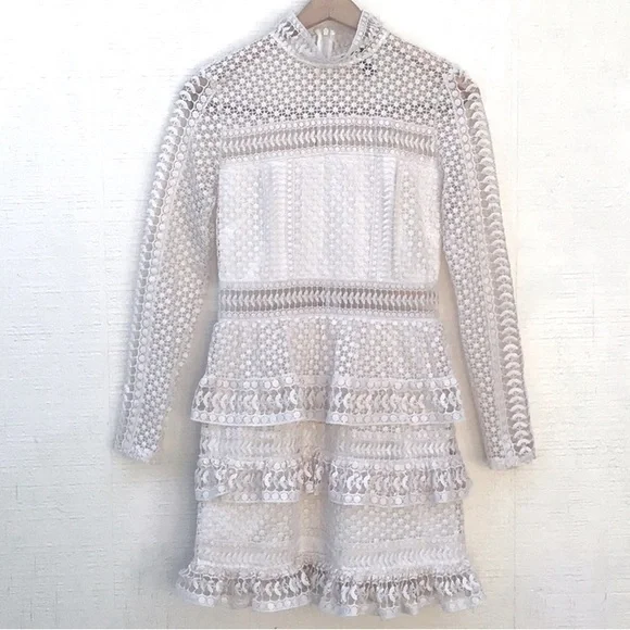 AQUA ivory crochet knit lace sheer long sleeve ruffle tier layered dress - Picture 1 of 16